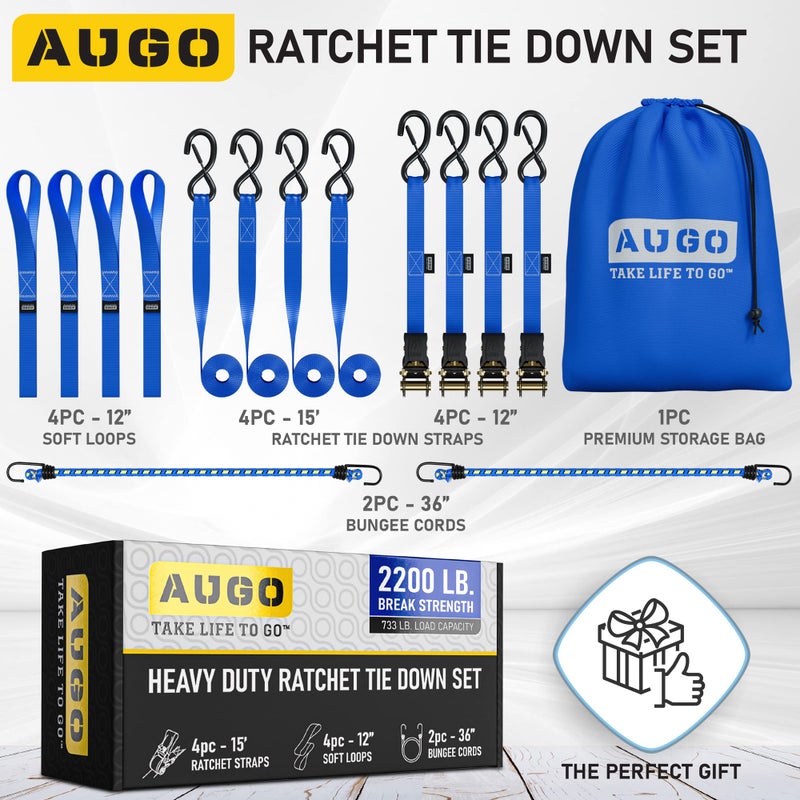 AUGO Ratchet Straps Heavy Duty 4 Pack -15 FT - 2200 LB Break Strength - Ratchet Tie Down Straps with Safety Lock S Hooks - Cargo Straps for Moving  Appliances  Motorcycle - Soft Loop Tie Down Straps - Image 5